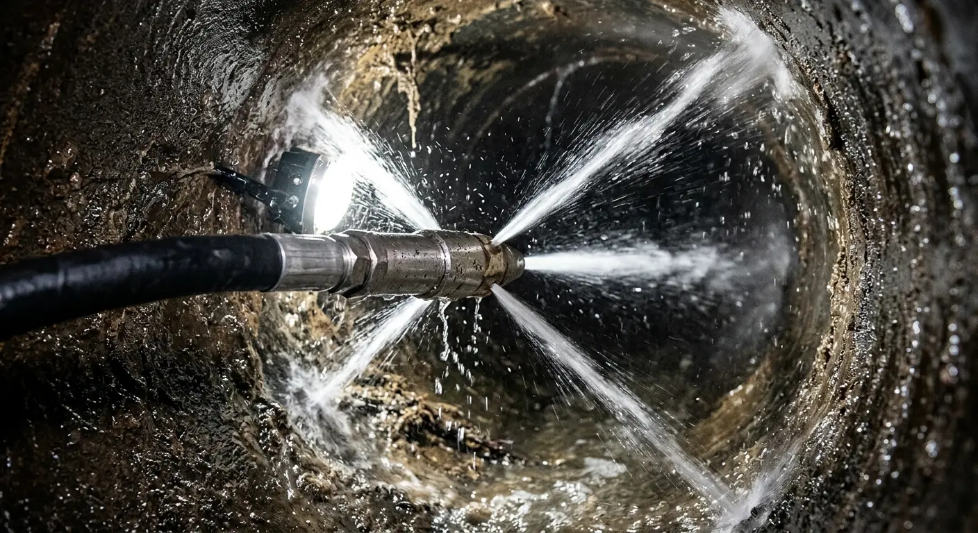 High-pressure hydro jetting nozzle cleaning sewer pipe for Sewer Cleanout in Laconia