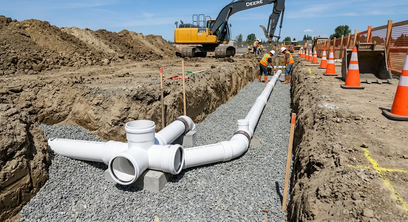 New PVC sewer pipe installation in open trench for Sewer Backup in Laconia