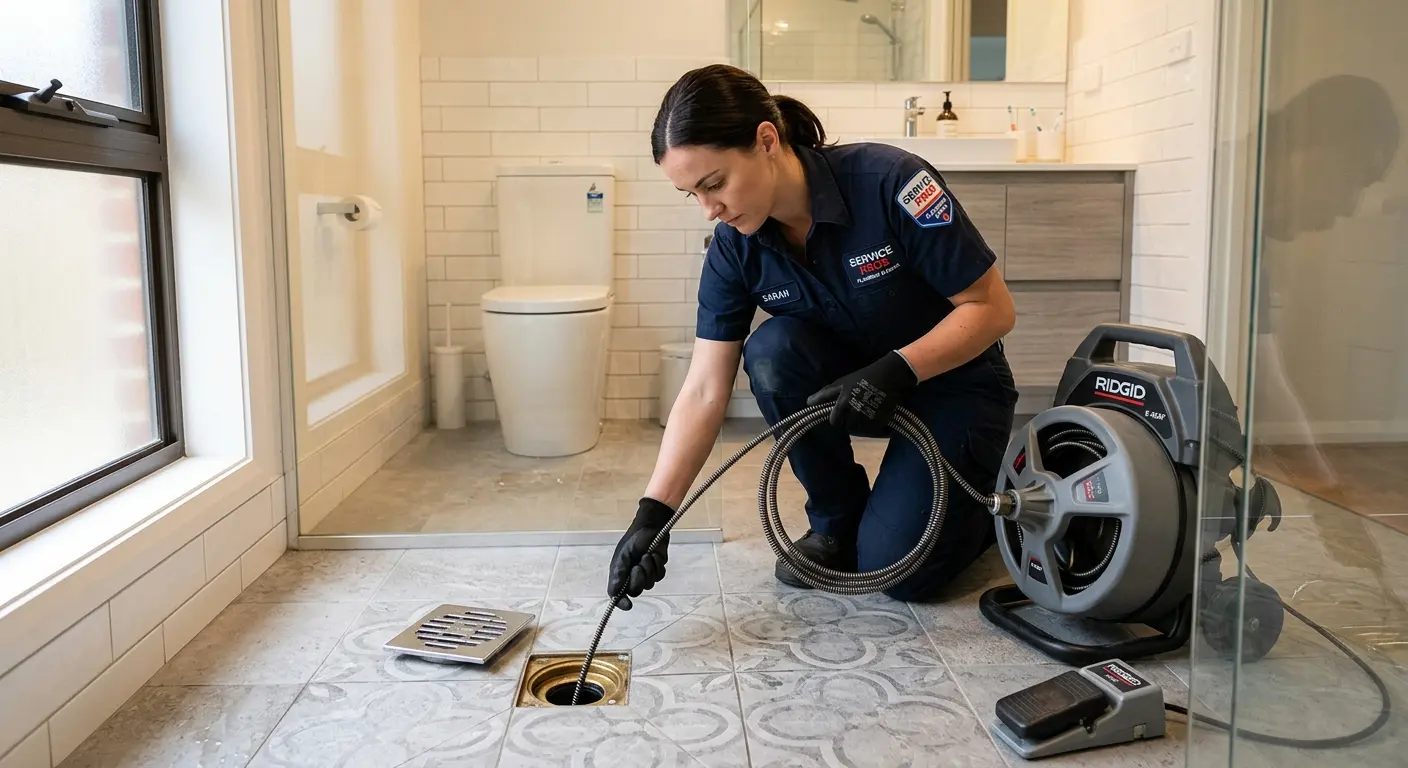 Technician clearing a bathroom floor drain for Sewer Line Replacement in Laconia